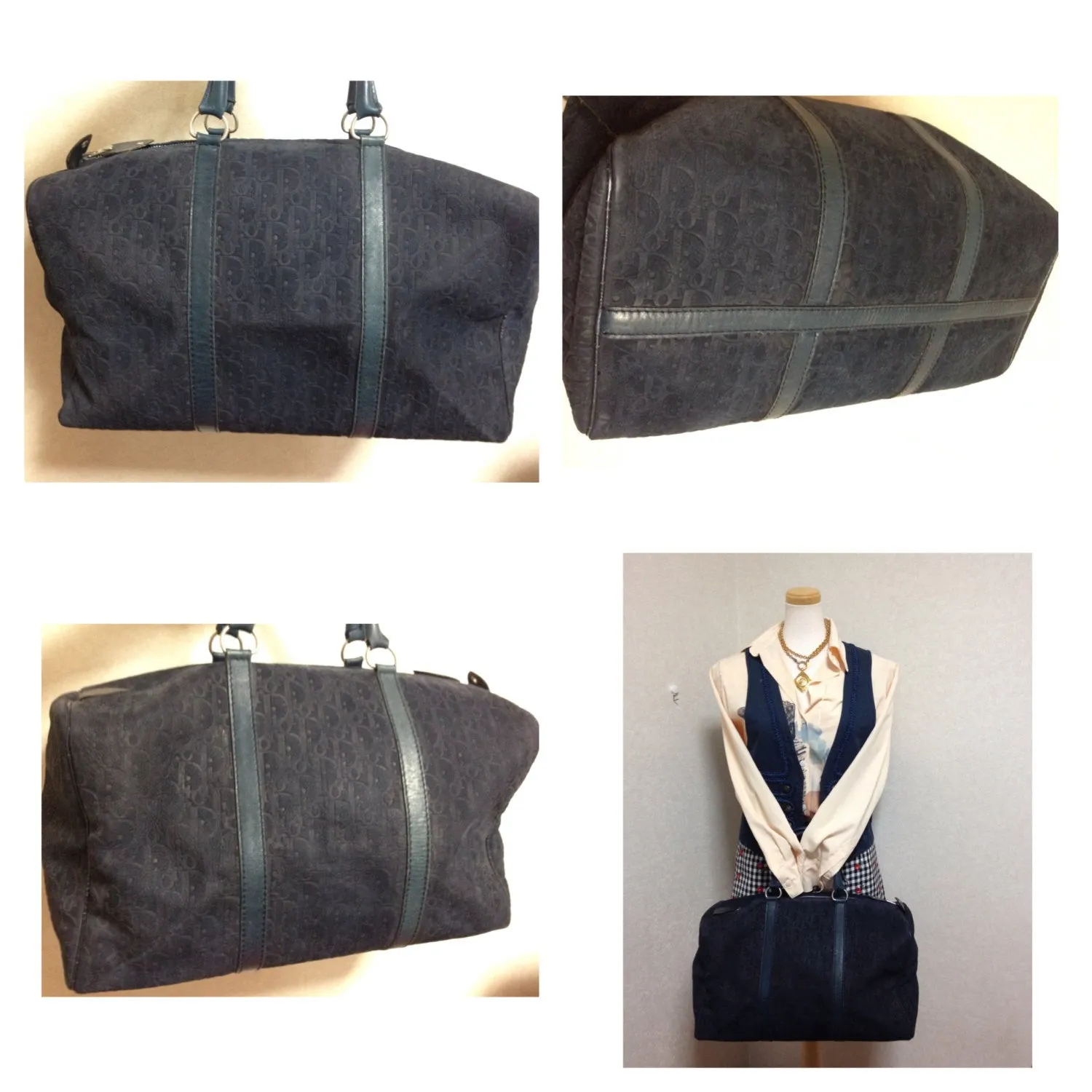 80's vintage Christian Dior Bagages navy genuine suede leather travel duffle bag, purse, handbag with embossed Dior logo allover. Unisex