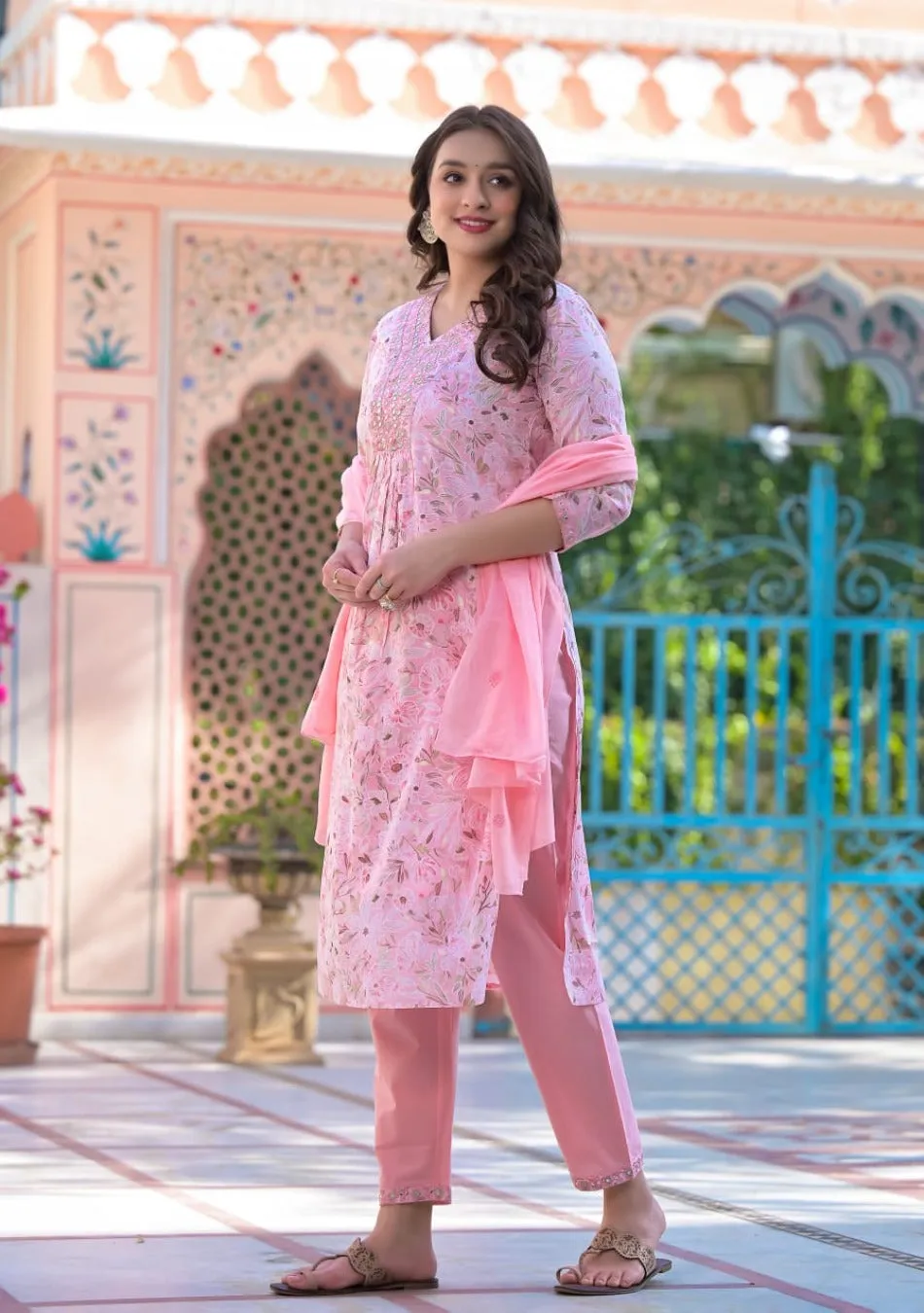 Baby Pink Floral Kurta Pant Set  with Dupatta