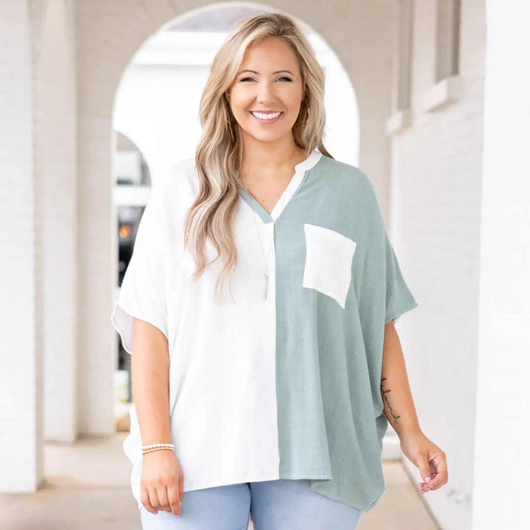 Beautiful Mistake Top, Sage-Off White