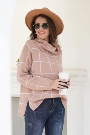 Chic Turtleneck Loose Plaid Sweater - Khaki