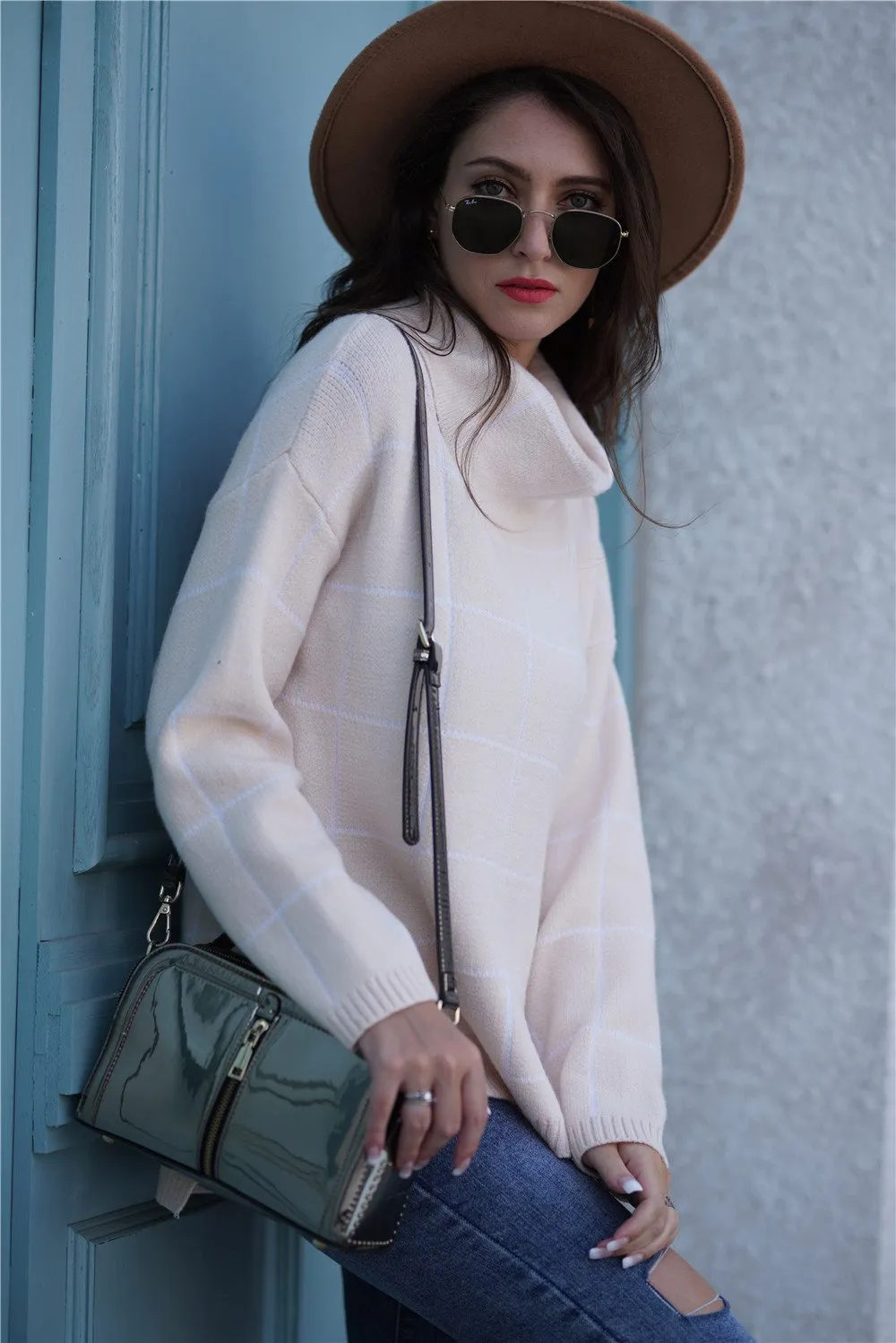 Chic Turtleneck Loose Plaid Sweater - Red