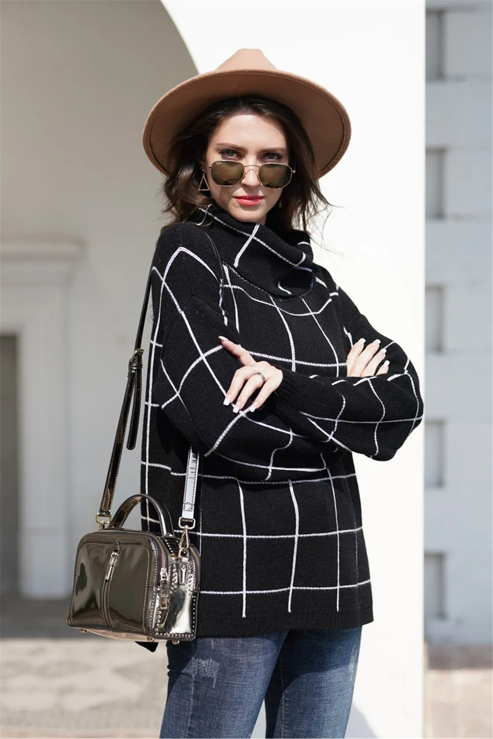 Chic Turtleneck Loose Plaid Sweater - Red
