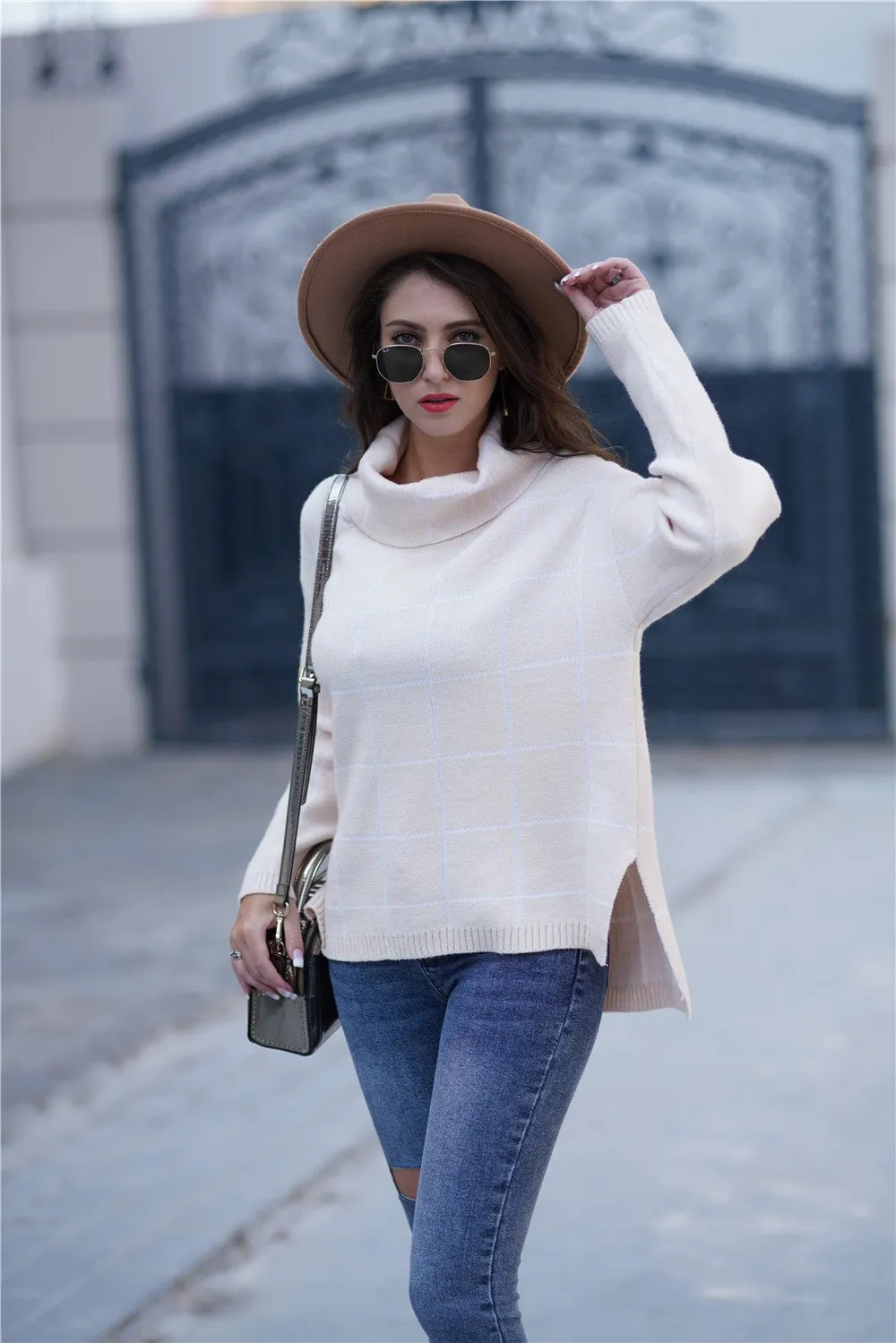 Chic Turtleneck Loose Plaid Sweater - Red