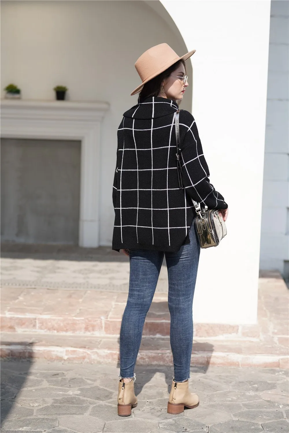 Chic Turtleneck Loose Plaid Sweater - Red