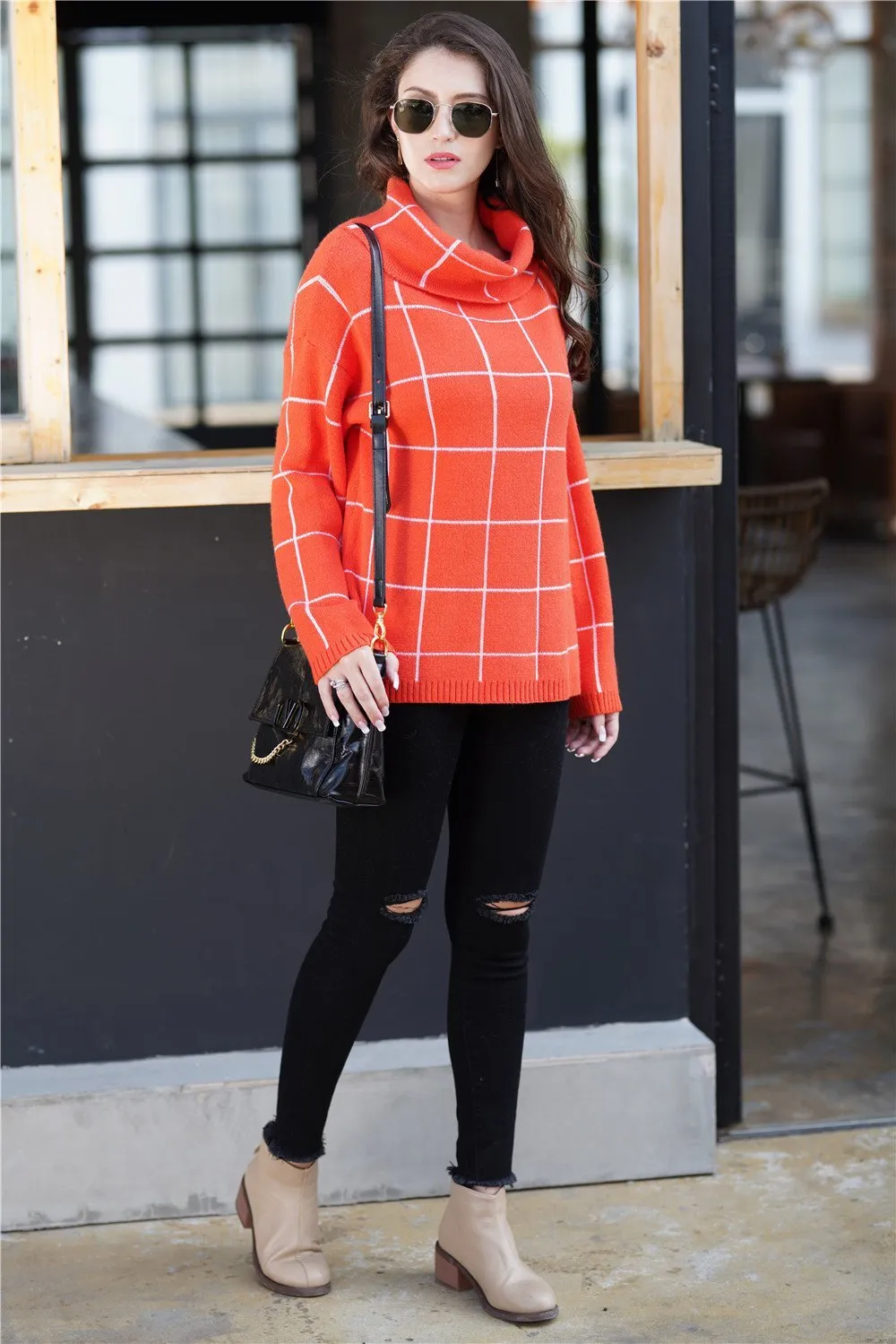 Chic Turtleneck Loose Plaid Sweater - Red