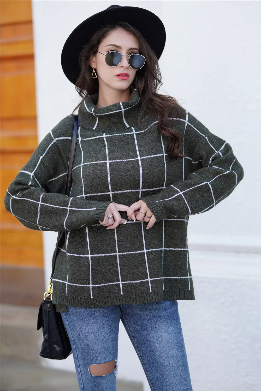 Chic Turtleneck Loose Plaid Sweater - Red