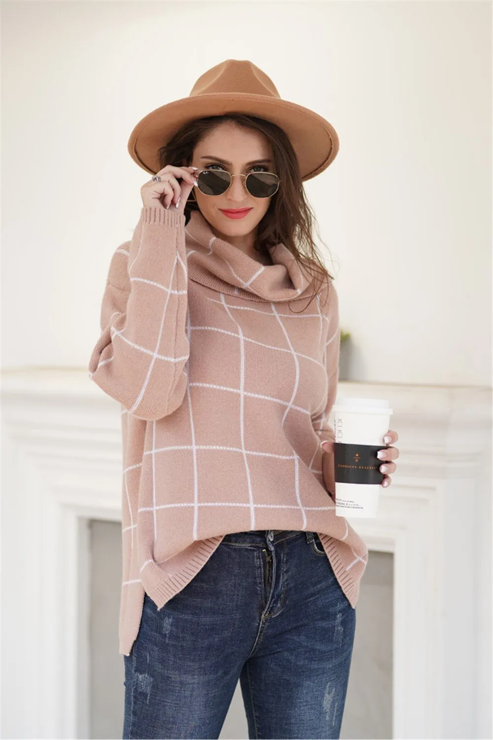 Chic Turtleneck Loose Plaid Sweater - Red