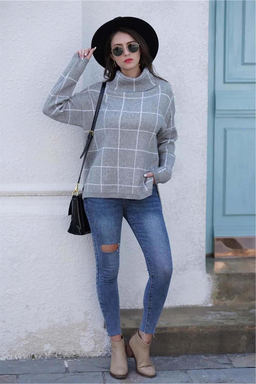 Chic Turtleneck Loose Plaid Sweater - Red