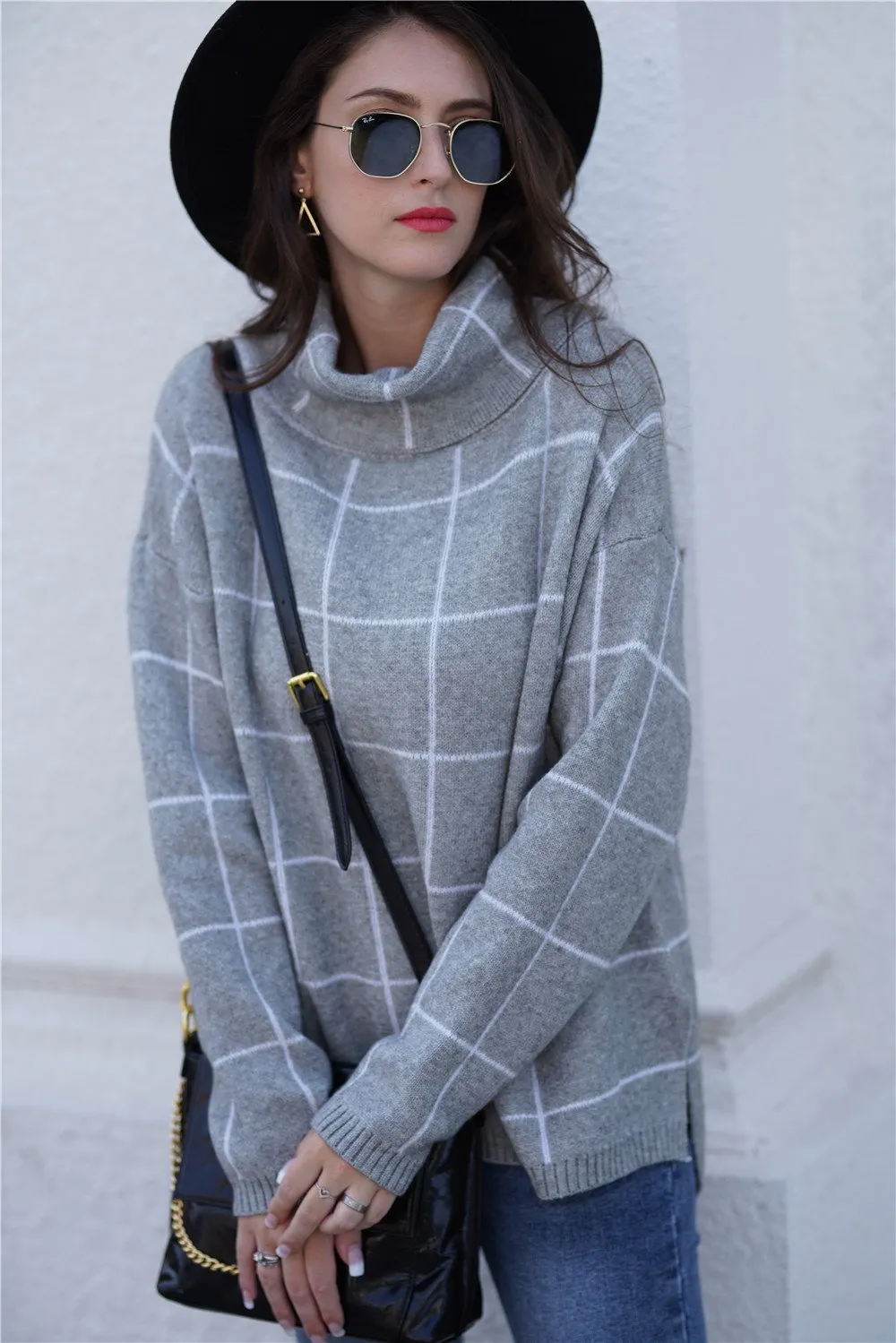Chic Turtleneck Loose Plaid Sweater - Red