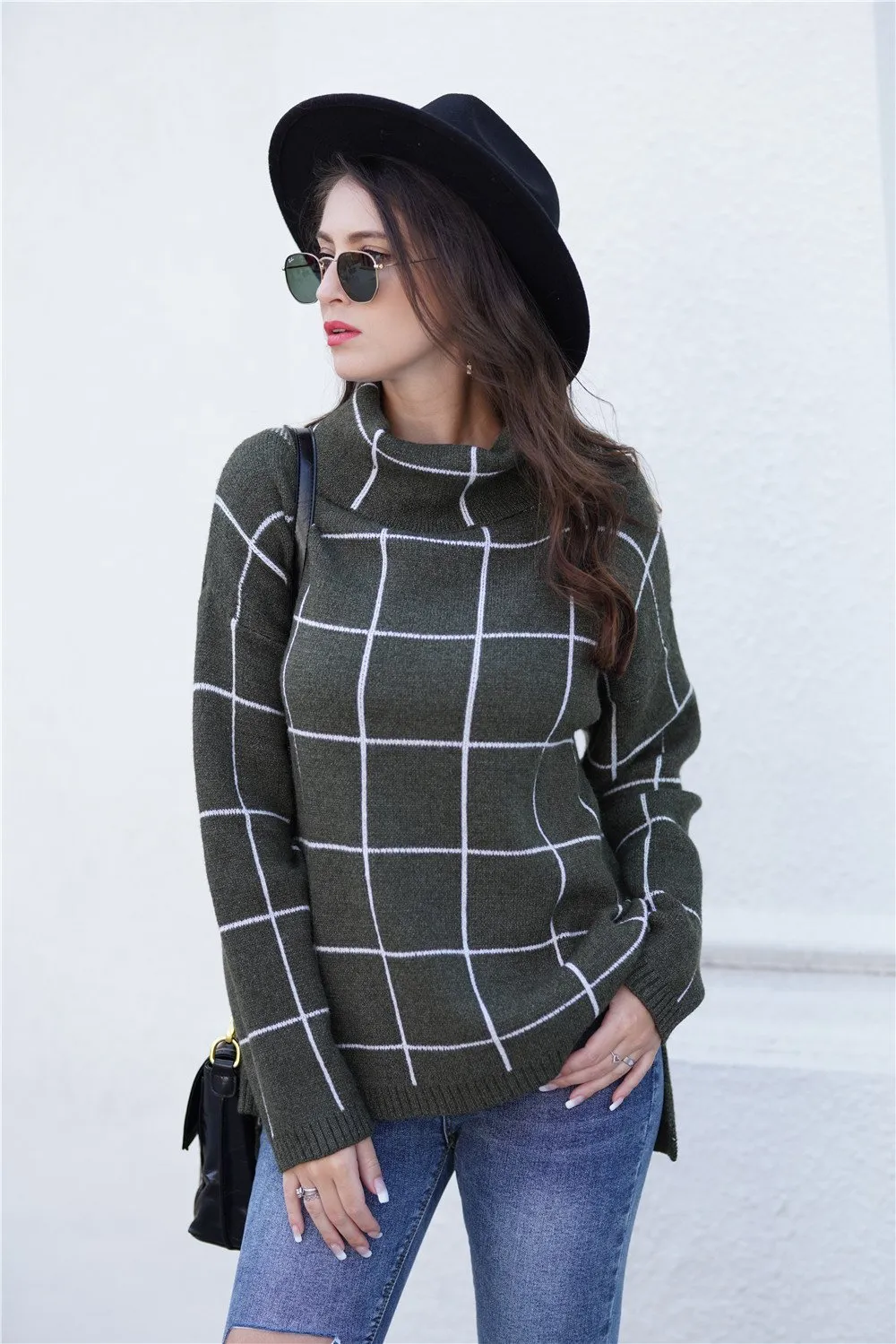 Chic Turtleneck Loose Plaid Sweater - Red