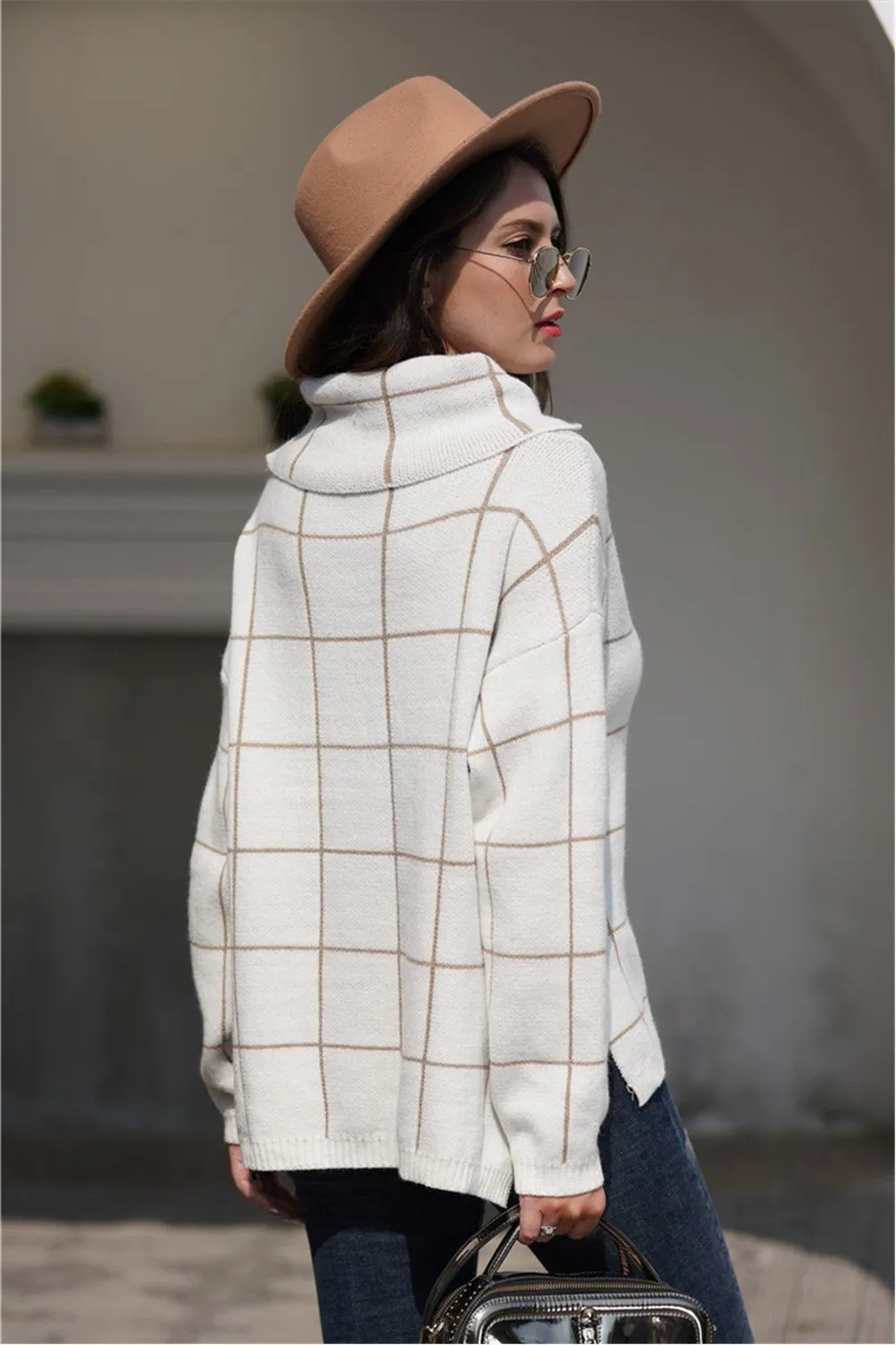 Chic Turtleneck Loose Plaid Sweater - Red