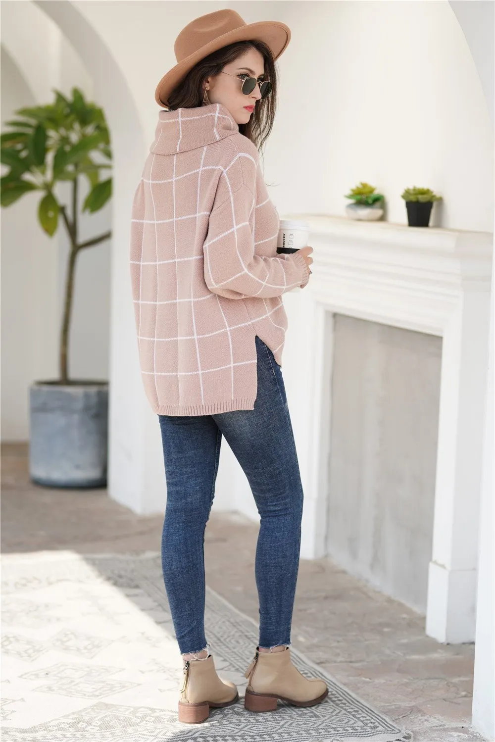 Chic Turtleneck Loose Plaid Sweater - Red