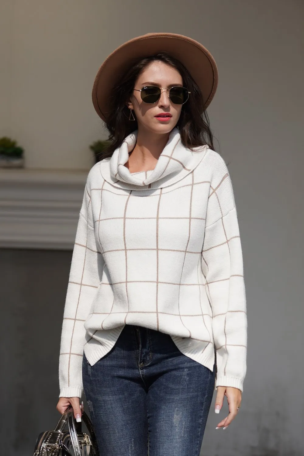 Chic Turtleneck Loose Plaid Sweater - Red