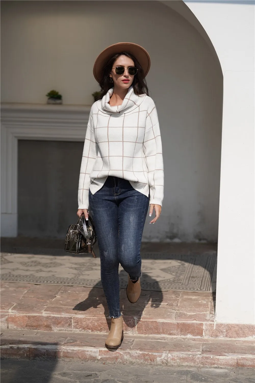 Chic Turtleneck Loose Plaid Sweater - Red