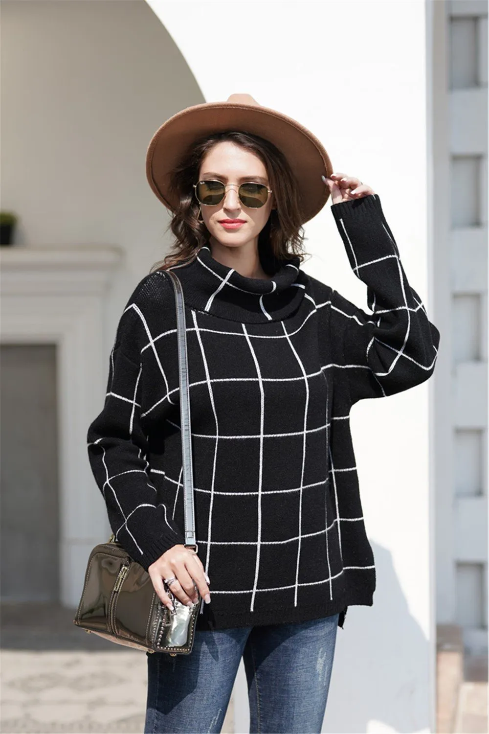 Chic Turtleneck Loose Plaid Sweater - Red
