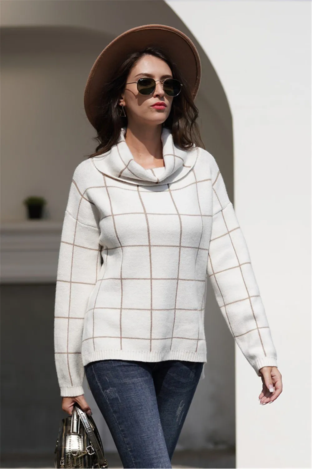 Chic Turtleneck Loose Plaid Sweater - Red