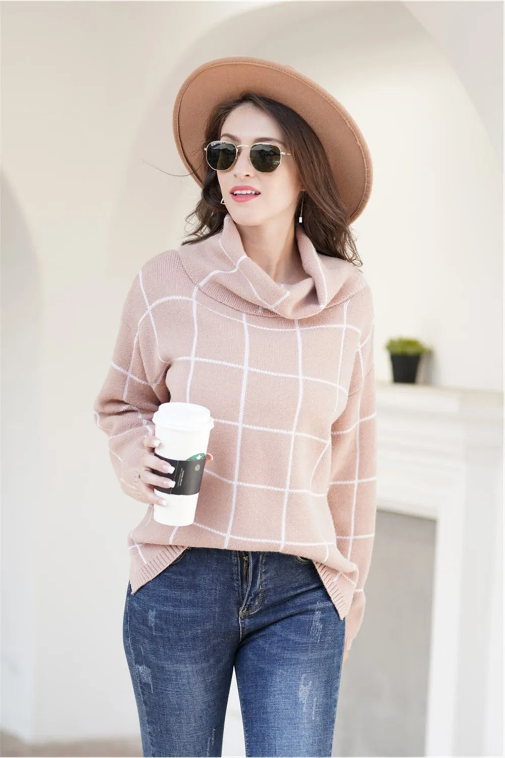 Chic Turtleneck Loose Plaid Sweater - Red
