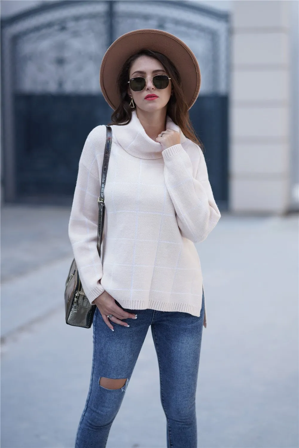 Chic Turtleneck Loose Plaid Sweater - Red