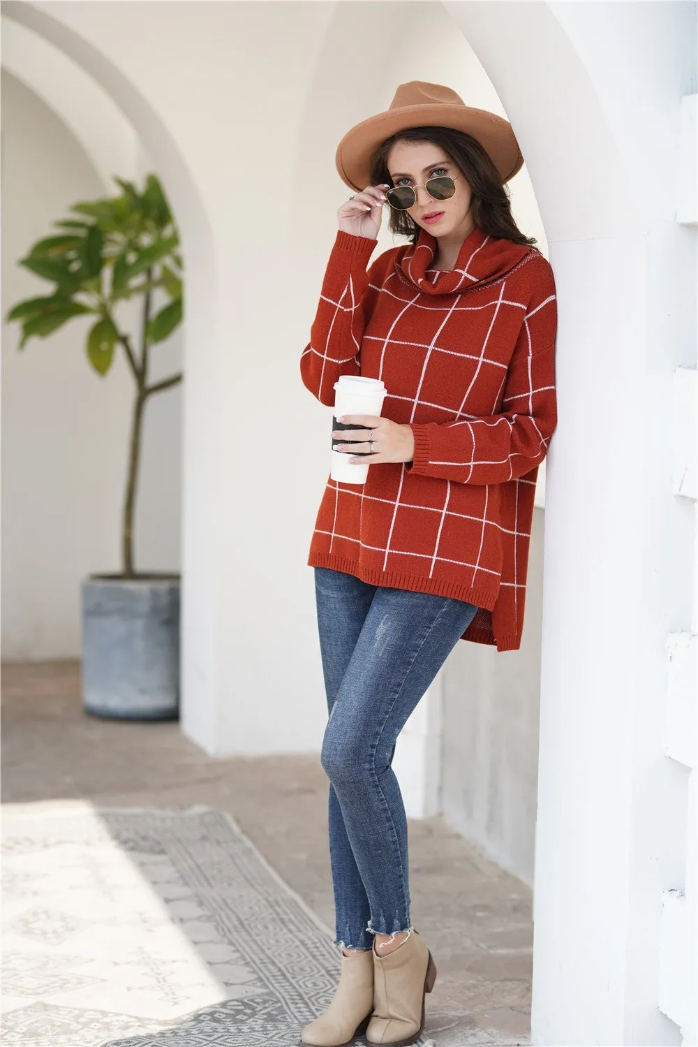 Chic Turtleneck Loose Plaid Sweater - Red