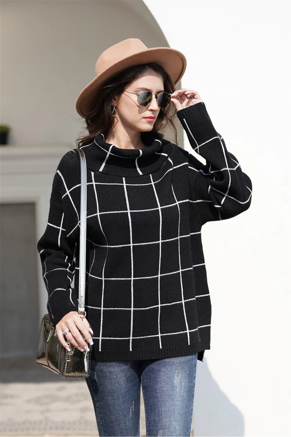 Chic Turtleneck Loose Plaid Sweater - Red