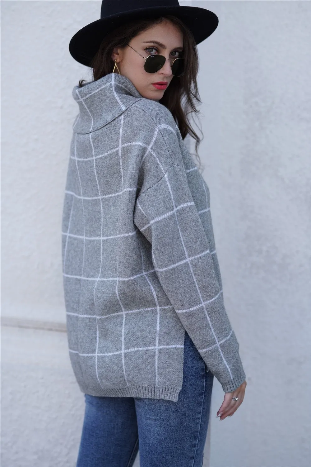 Chic Turtleneck Loose Plaid Sweater - Red