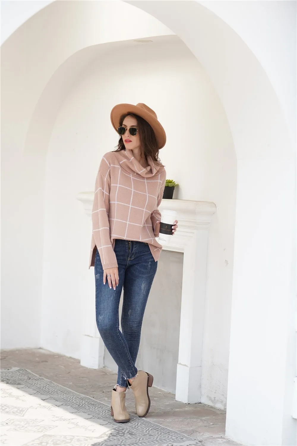 Chic Turtleneck Loose Plaid Sweater - Red