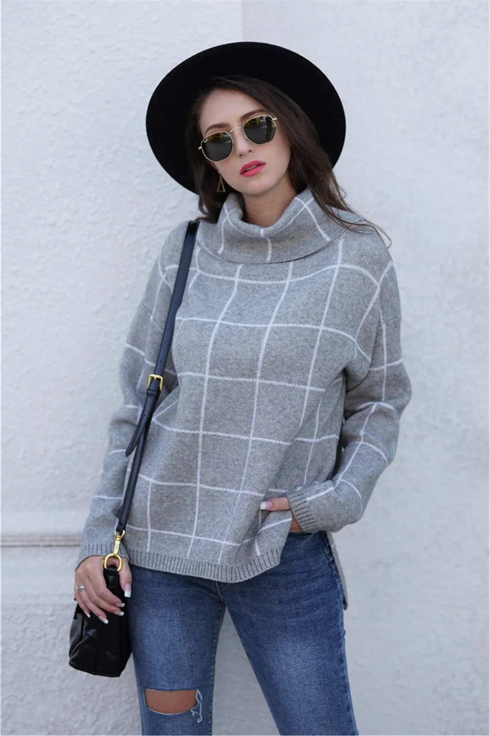 Chic Turtleneck Loose Plaid Sweater - Red