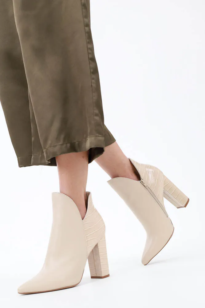 Crocodile Contrast Pointy Toe Heeled Booties