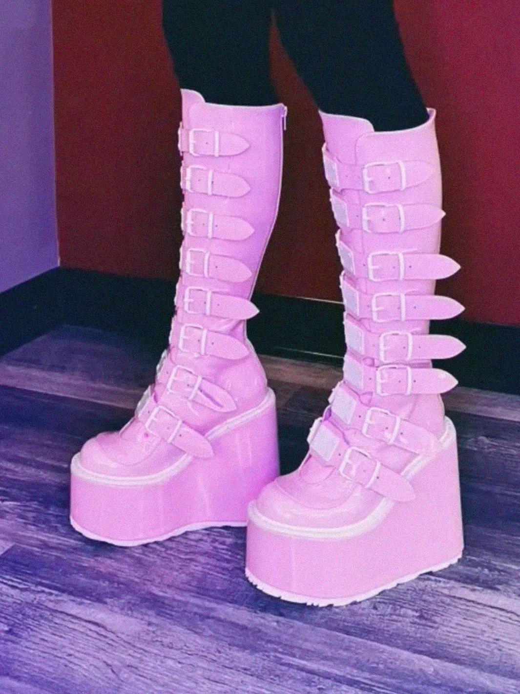 DEMONIA SWING-815 BOOTS - BABY PINK HOLOGRAM ✰ PRE ORDER ✰