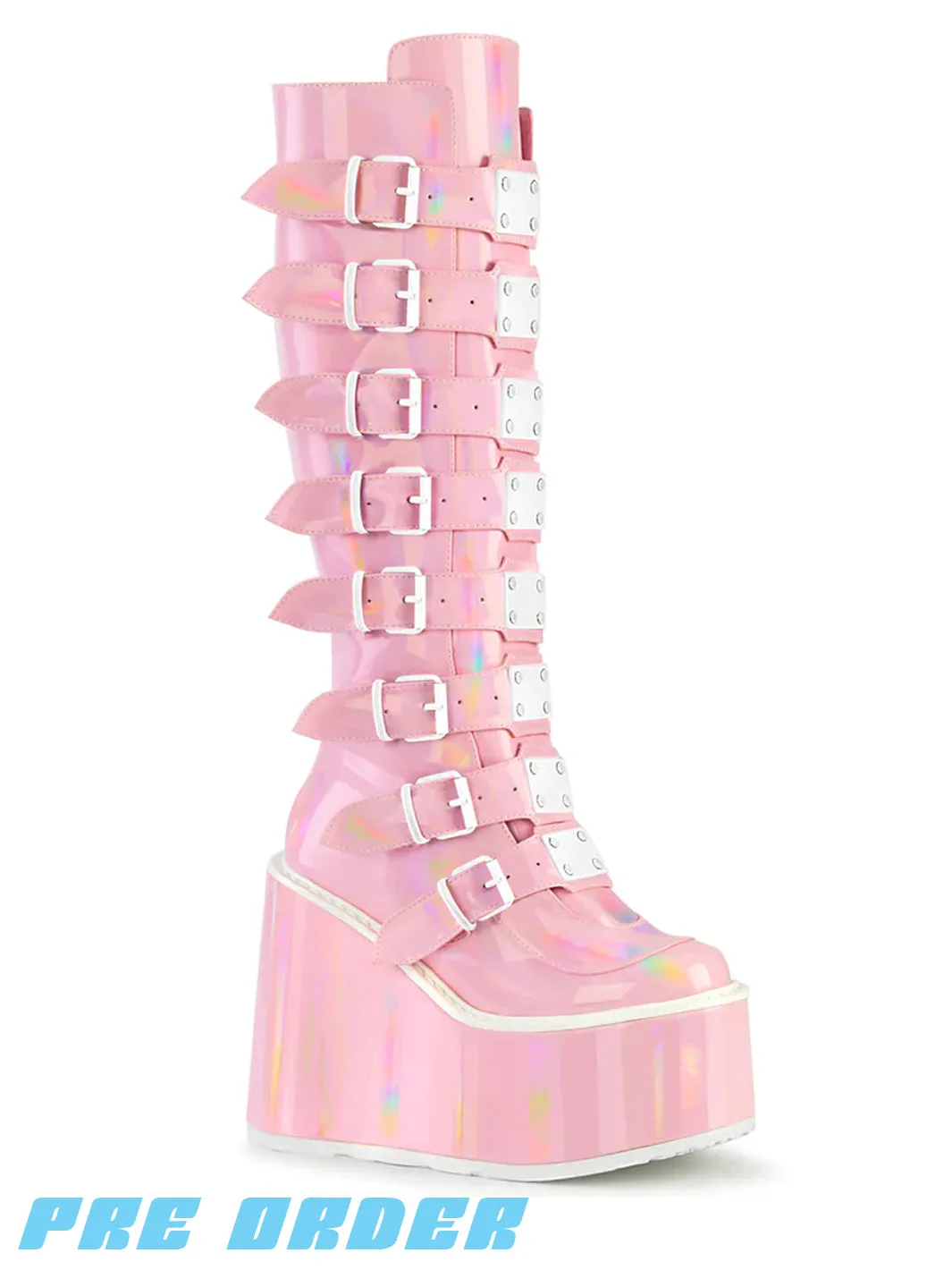 DEMONIA SWING-815 BOOTS - BABY PINK HOLOGRAM ✰ PRE ORDER ✰