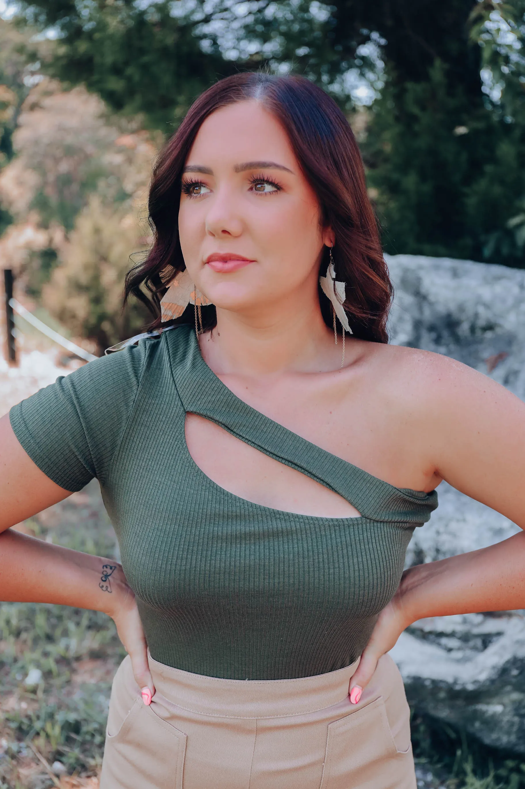 Lainey Cutout One-shoulder Bodysuit - Olive