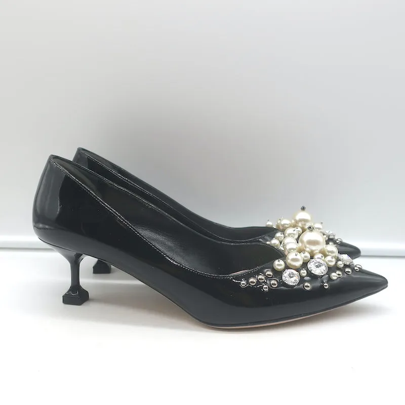 Miu Miu Pearl & Crystal-Embellished Low-Heel Pumps Black Patent Leather Size 38
