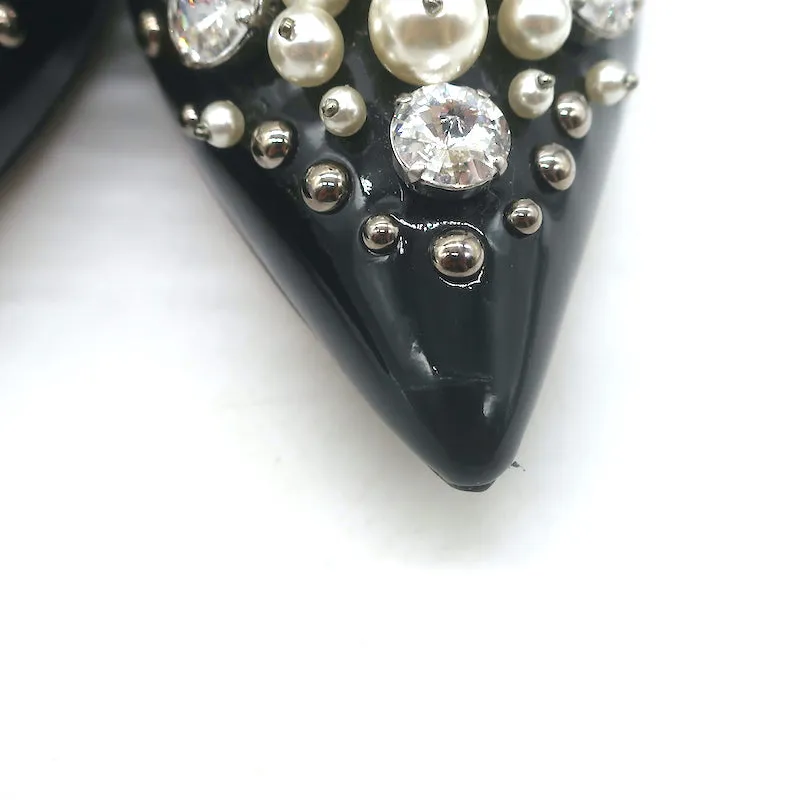 Miu Miu Pearl & Crystal-Embellished Low-Heel Pumps Black Patent Leather Size 38