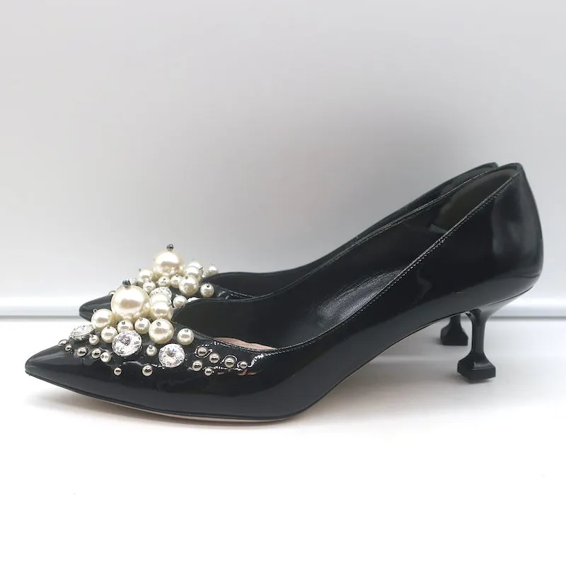 Miu Miu Pearl & Crystal-Embellished Low-Heel Pumps Black Patent Leather Size 38