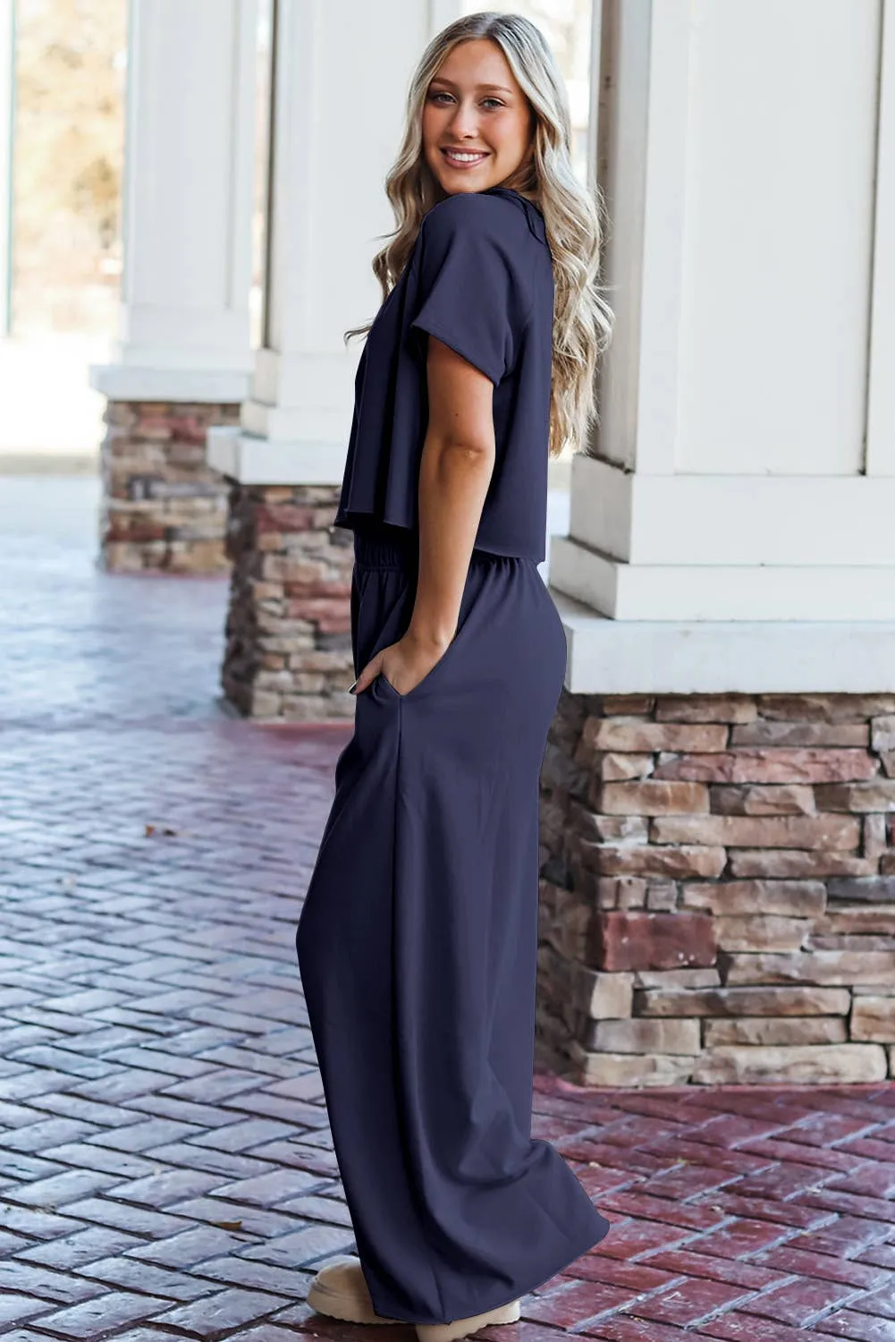 Navy Raw Hem Loose Tee and Wide Leg Pants Set