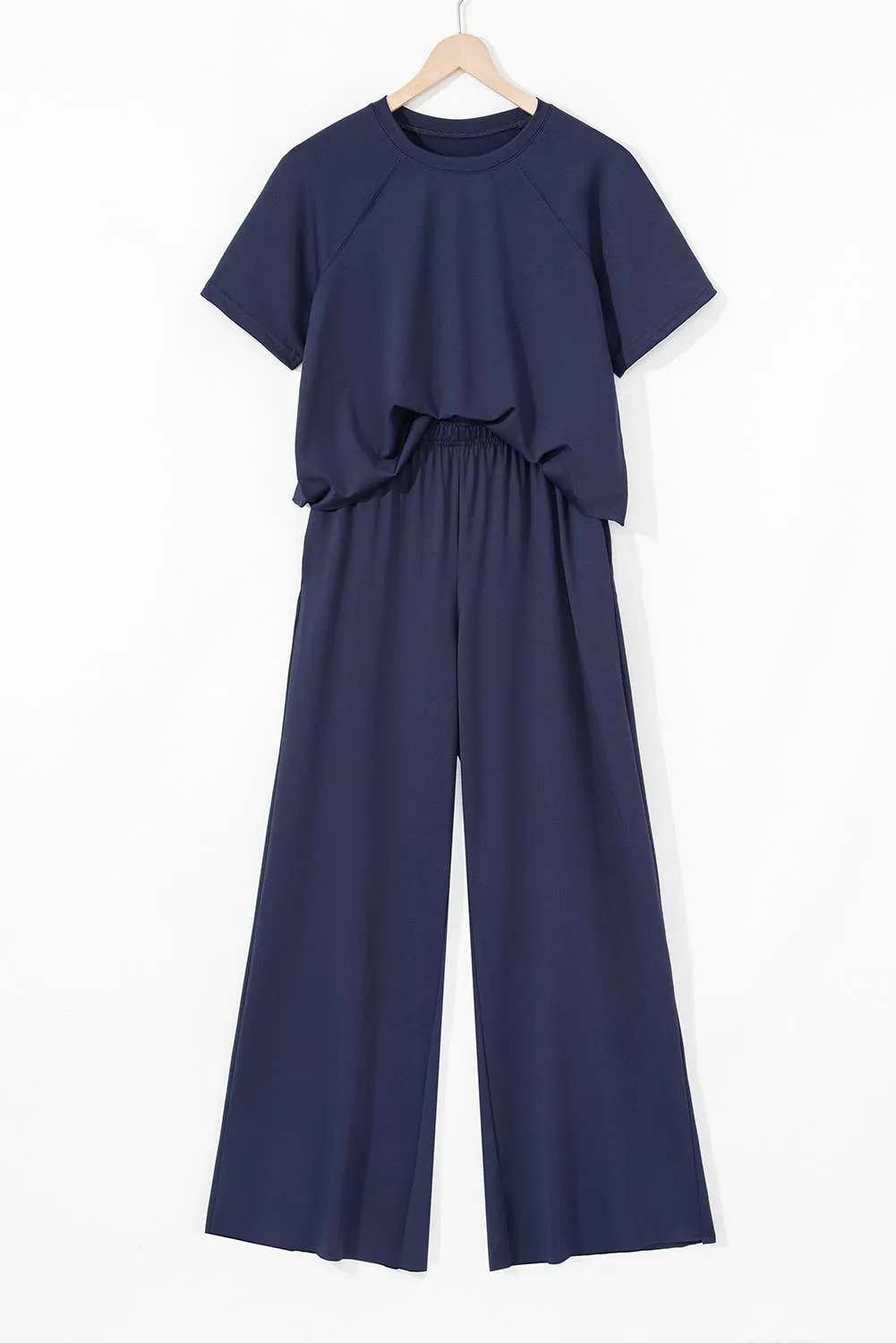 Navy Raw Hem Loose Tee and Wide Leg Pants Set
