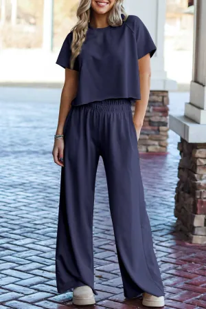 Navy Raw Hem Loose Tee and Wide Leg Pants Set