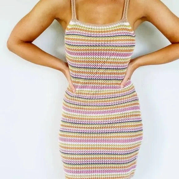 Olive   Oak Multicolor Striped Knit Dress medium crocheted
