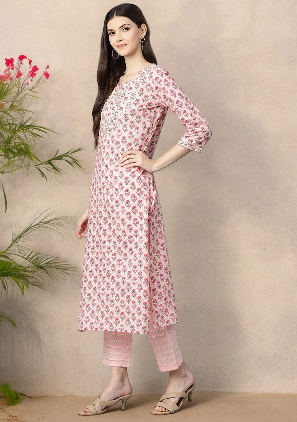 Pink Cotton Straight Kurta Pant Set With Dupatta