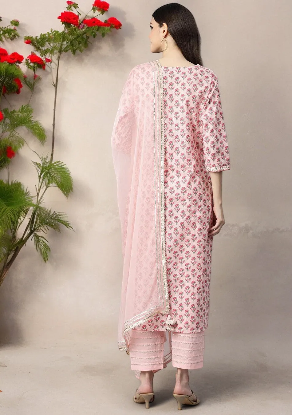 Pink Cotton Straight Kurta Pant Set With Dupatta