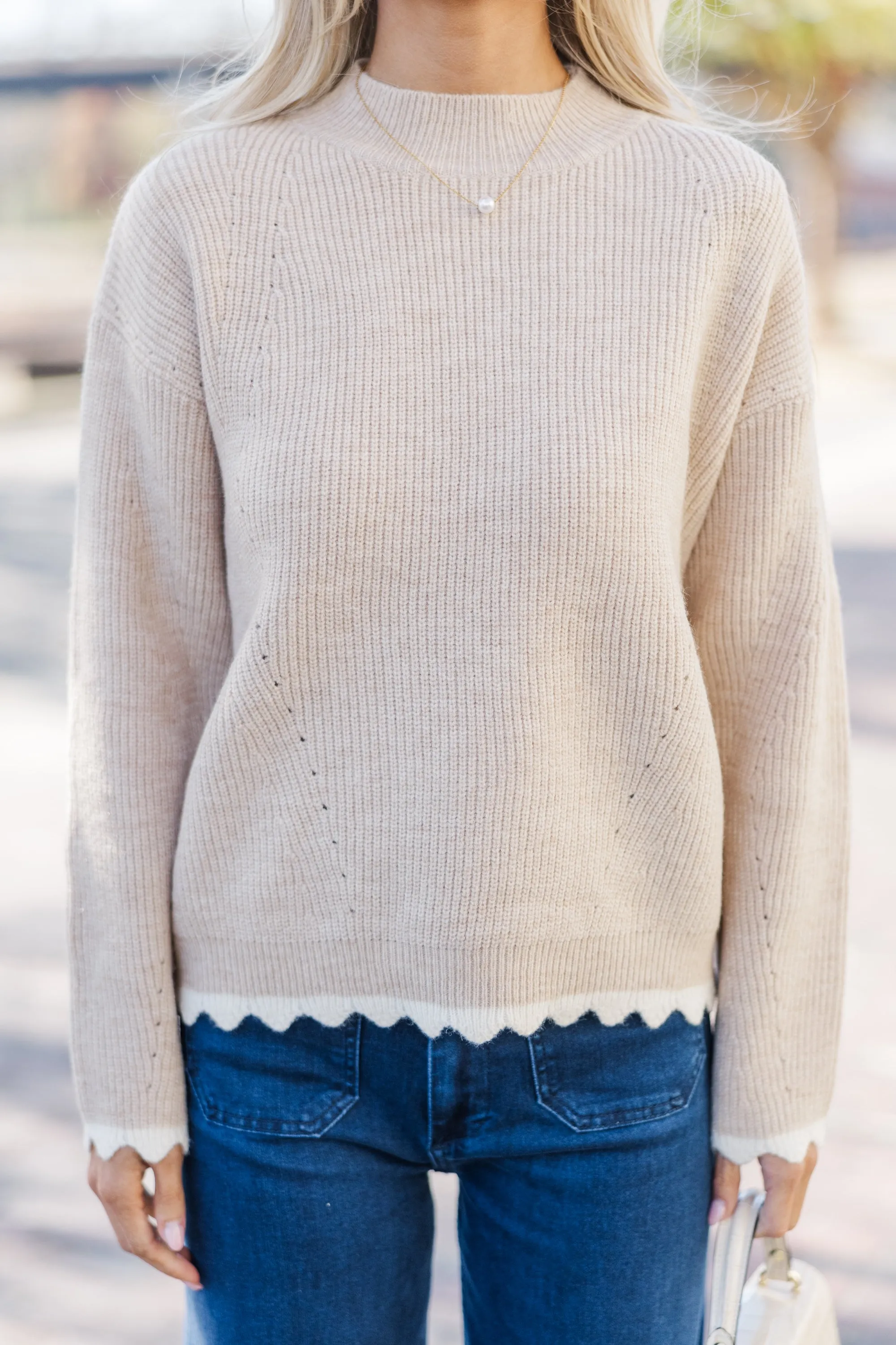 Save It Oatmeal Scalloped Sweater