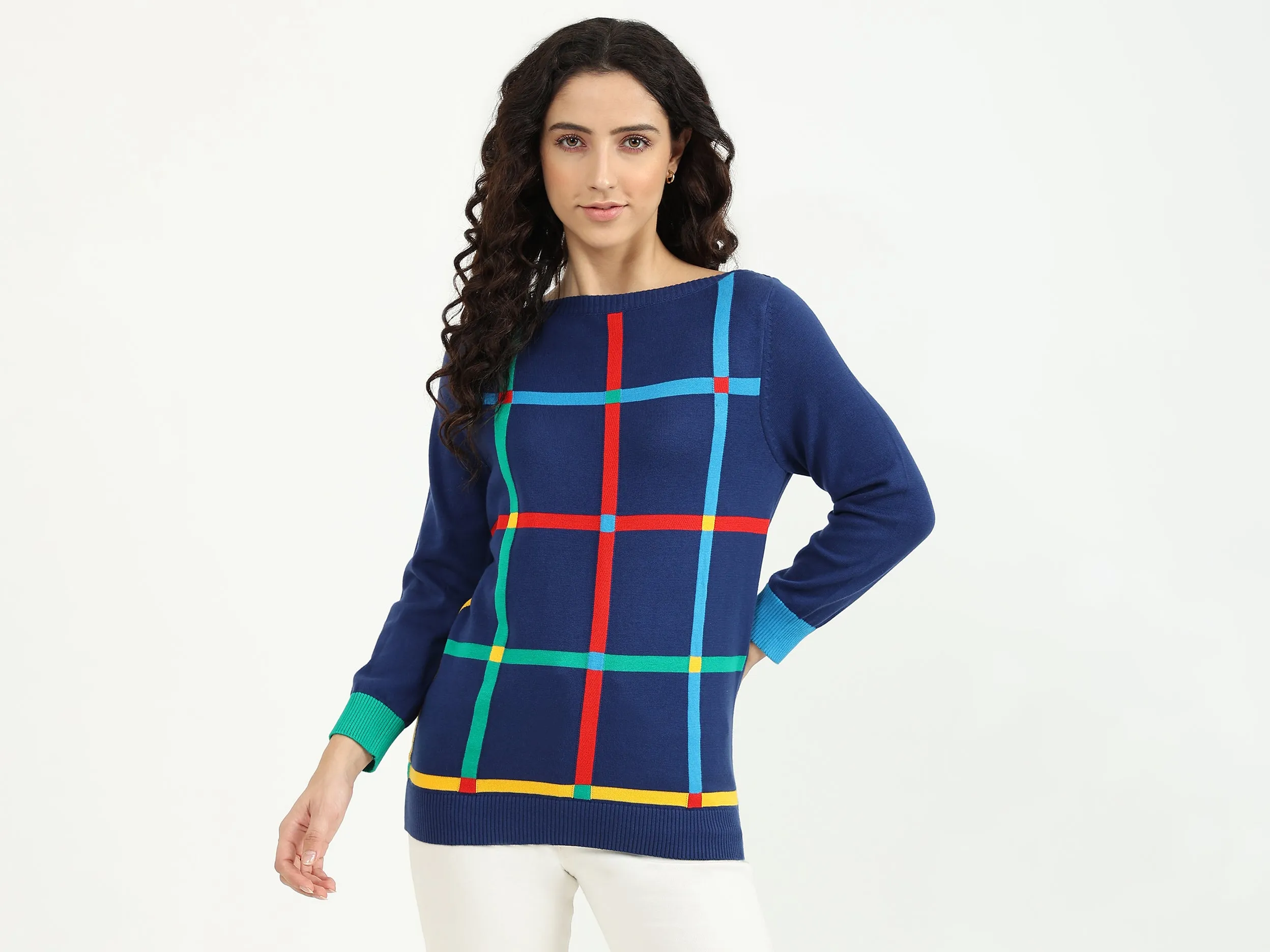 Slim Fit Boat Neck Check Sweater