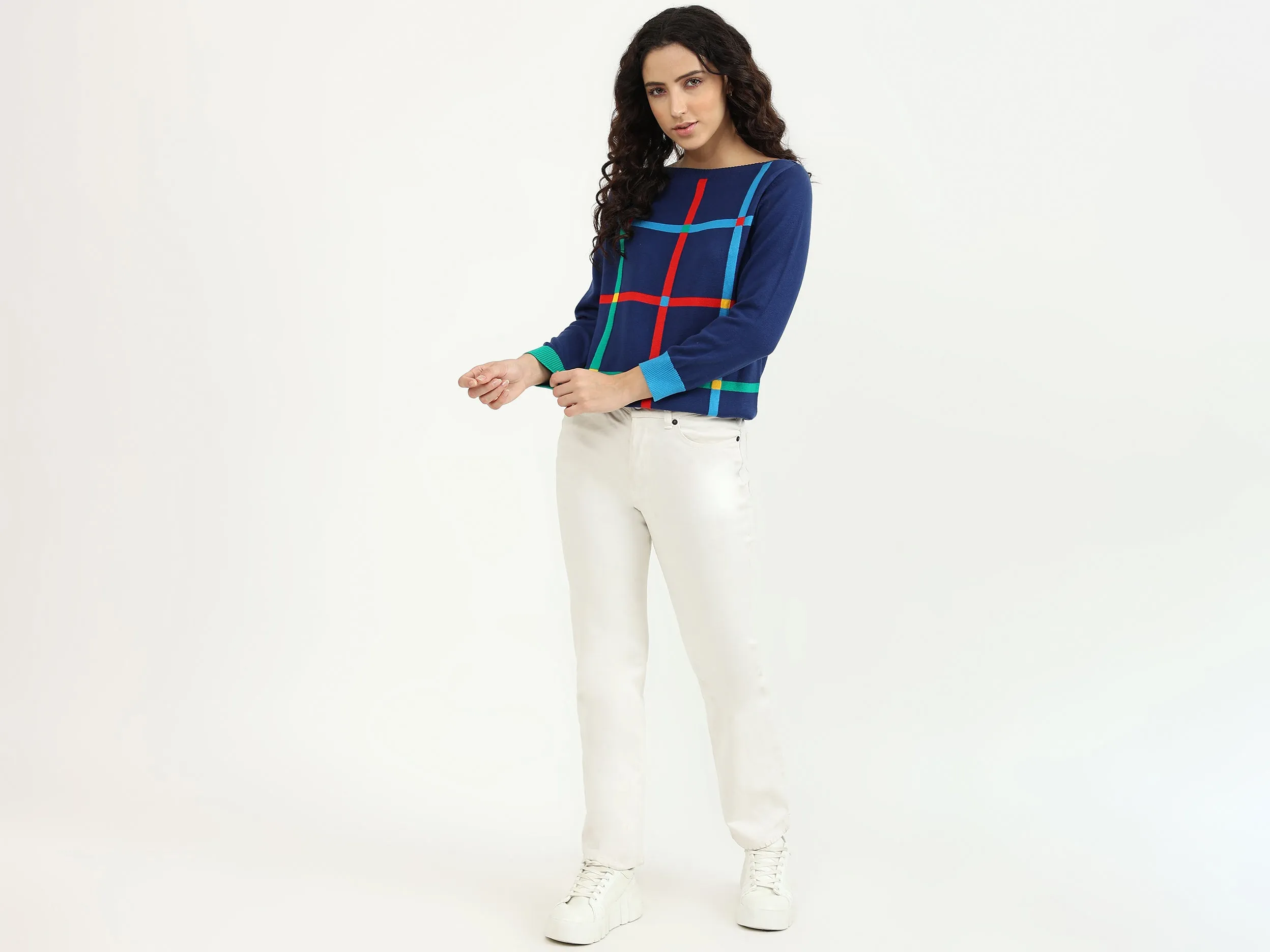 Slim Fit Boat Neck Check Sweater