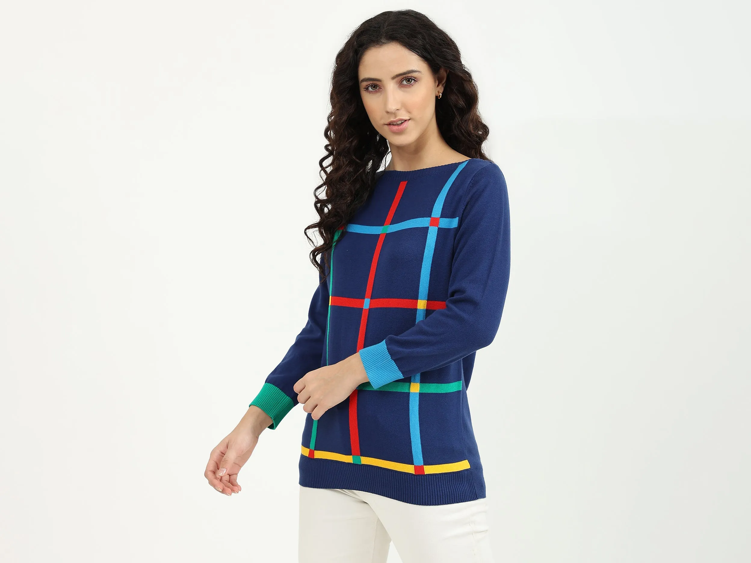 Slim Fit Boat Neck Check Sweater