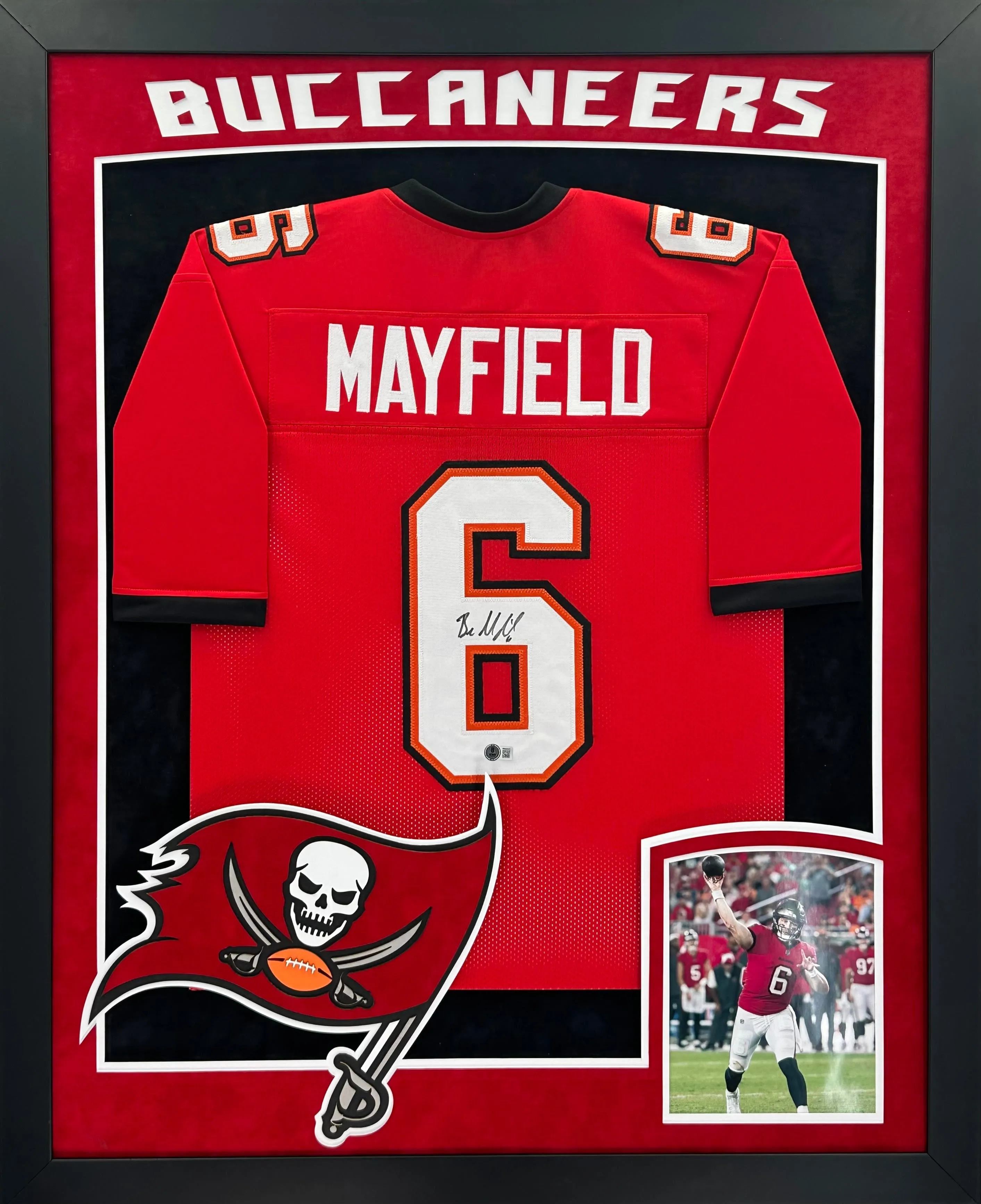 Tampa Bay Buccaneers Baker Mayfield Hand Signed Autographed Custom Red Jersey Framed and Double Suede Matted with XL 3D Logo & Team Name Cutout Beckett COA