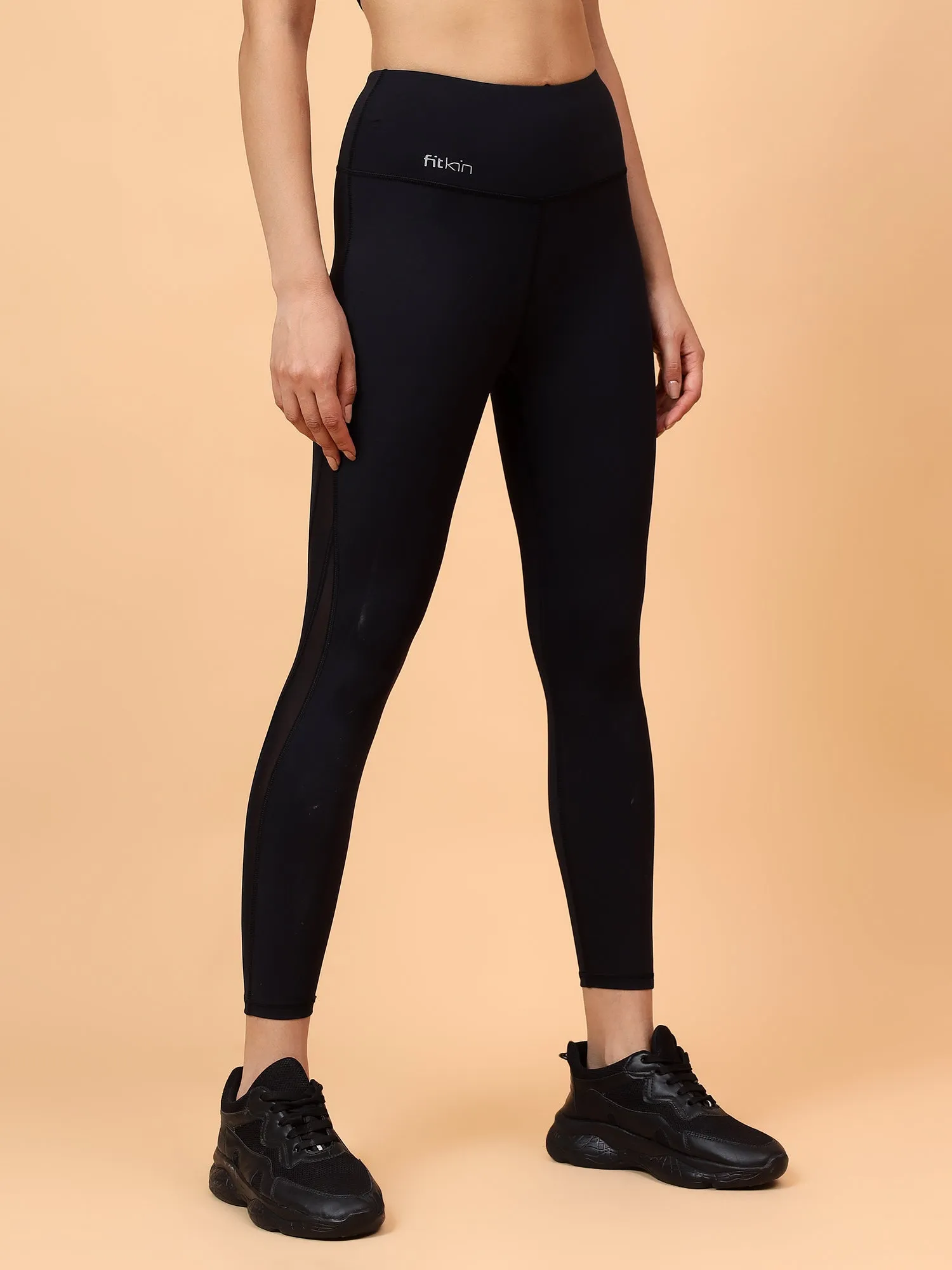 Women's Black Solid Quick Dry High-Rise Training Tights With Mesh Details