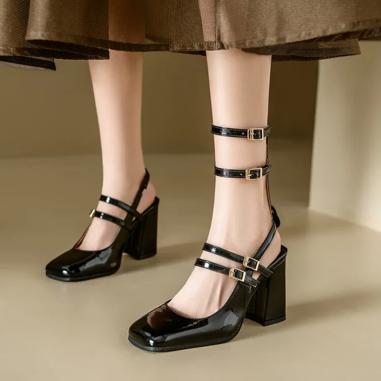 XIEYINSHE  High Heel Sandals Soft Patent Leather Mary Jane Women's Shoes Detachable Belt Buckle  Spring and Summer New Closed Toe Leather Sandals Foreign Trade