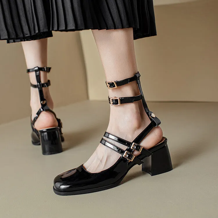 XIEYINSHE  High Heel Sandals Soft Patent Leather Mary Jane Women's Shoes Detachable Belt Buckle  Spring and Summer New Closed Toe Leather Sandals Foreign Trade