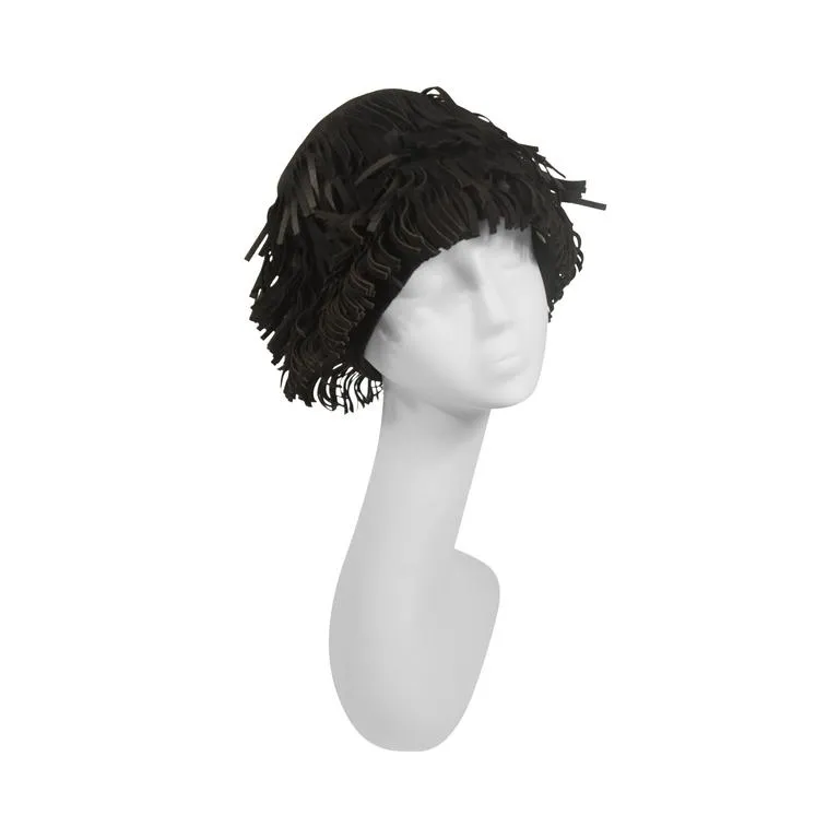 YVES SAINT LAURENT Rive Gauche Black Suede Fringe Hat Size 58