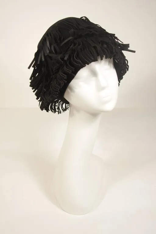 YVES SAINT LAURENT Rive Gauche Black Suede Fringe Hat Size 58